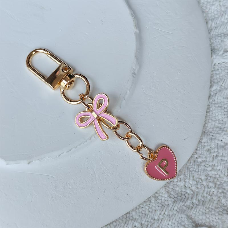 Creative Letters Metal Pink Bow Keychain Fashion A-Z 26 Letters Keyring Charms Mobile Phone Key Holders Bag Accessories Gift