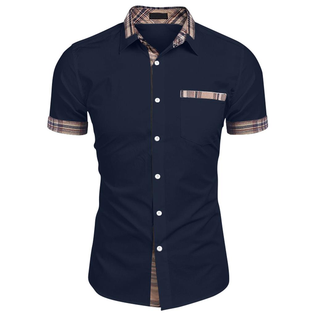 Men's Casual Short Sleeve Shirt Button Down with Plaid Trim Collar and Pocket Detail Lightweight Breathable Summer Shirt for Everyday Wear