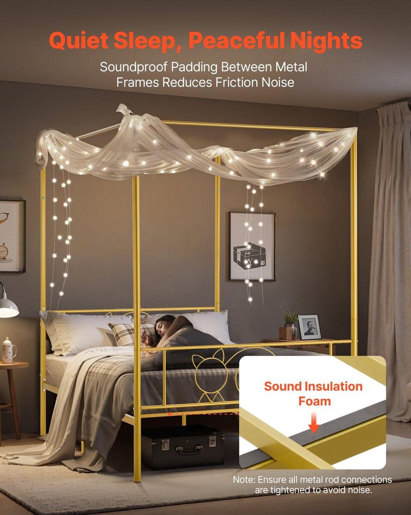 Full Size Canopy Bed Frame, Metal Canopy Bed with Minimalist Headboard & Four Posters Design, Heavy Duty Steel Slats Support, Underbed Storage Space,