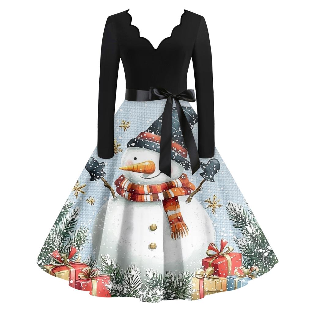 Women's Casual Fashion Christmas Holiday Print V-neck Vintage Dress