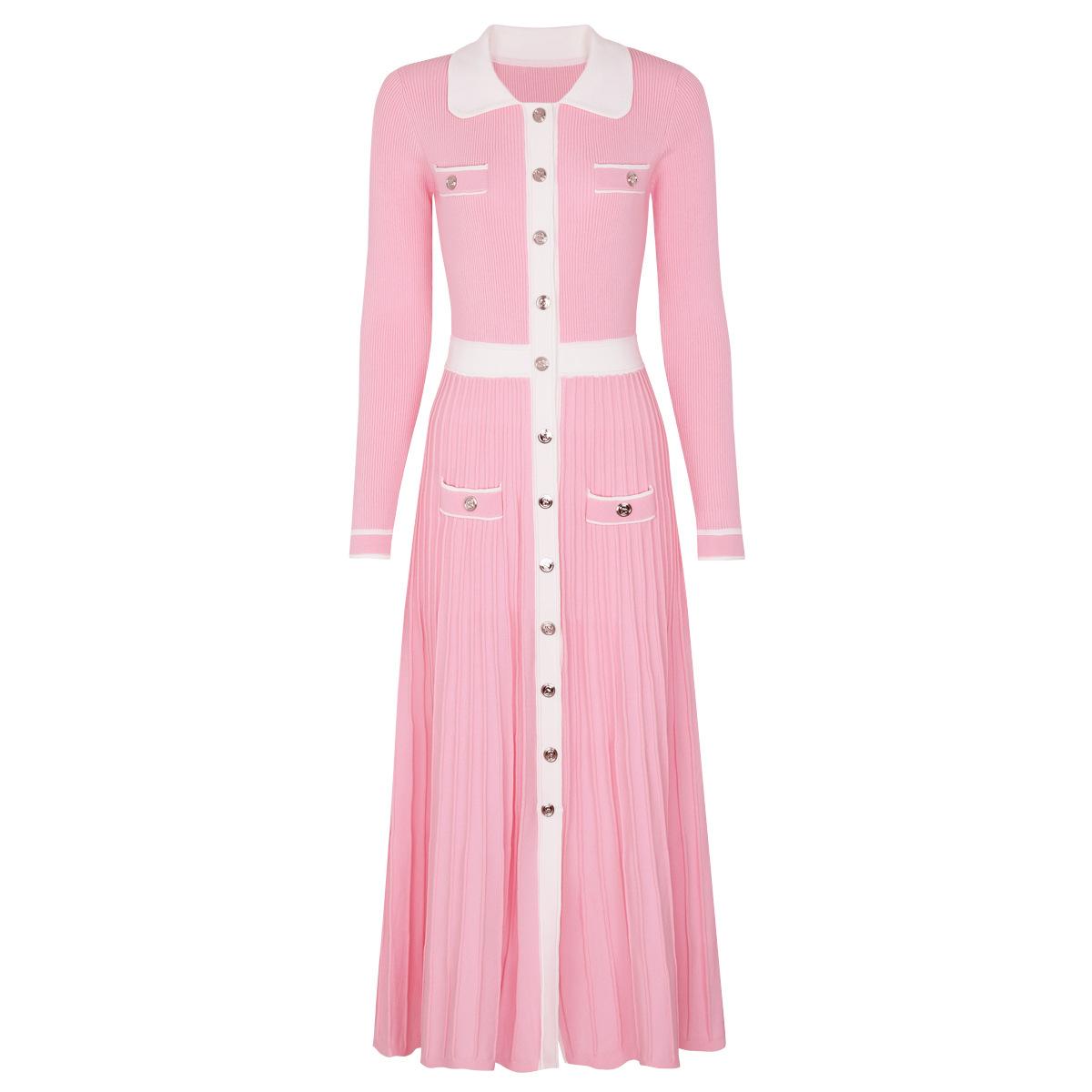 In stock, high-quality autumn/winter new fashionable knit collar slimming pleated long-sleeve dress 25207 S