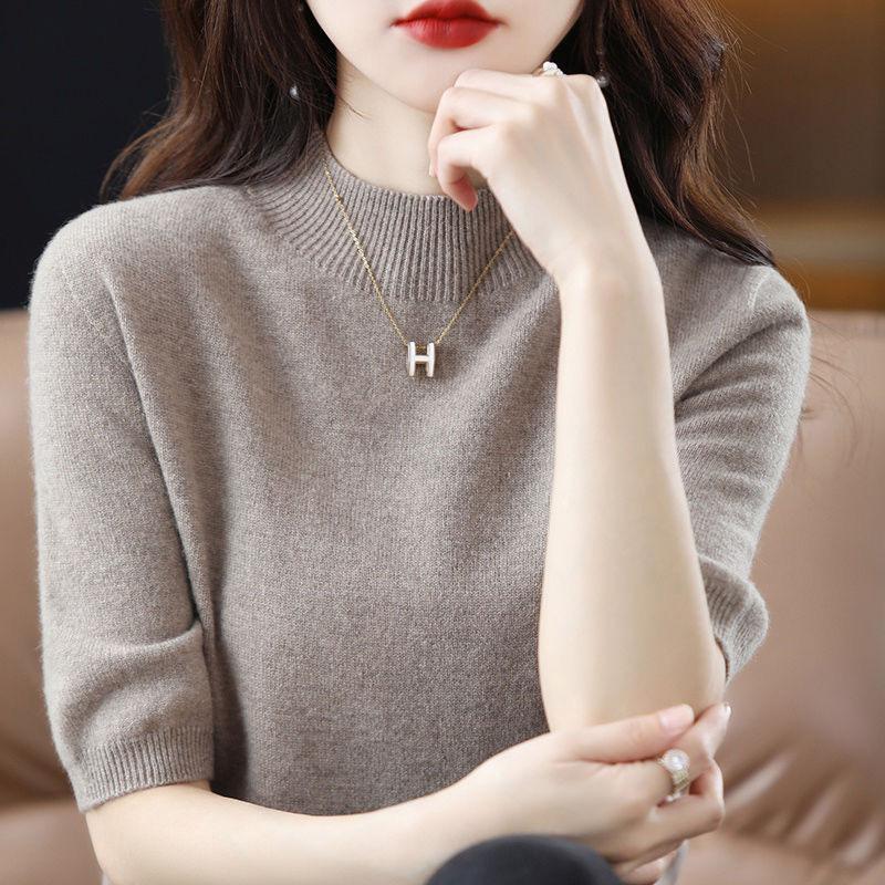 SpringSummer Short Sleeve Sweater Women s Half Turtleneck Short Loose Half Sleeve T-Shirt Versatile Knitted Bottoming Shirt 4XL хаки 1380₽