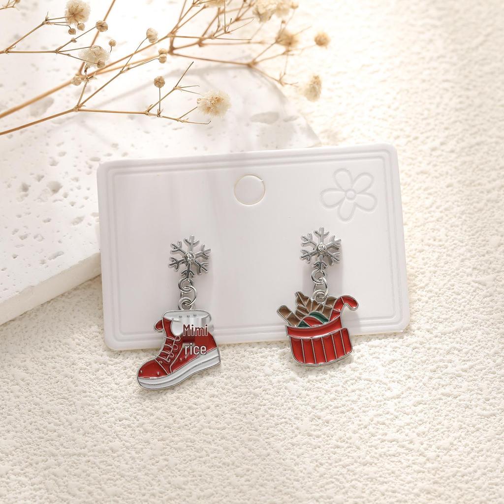 European & American Cartoon Rhinestone Christmas Earrings – High-End Asymmetrical Festive Jewelry for Women