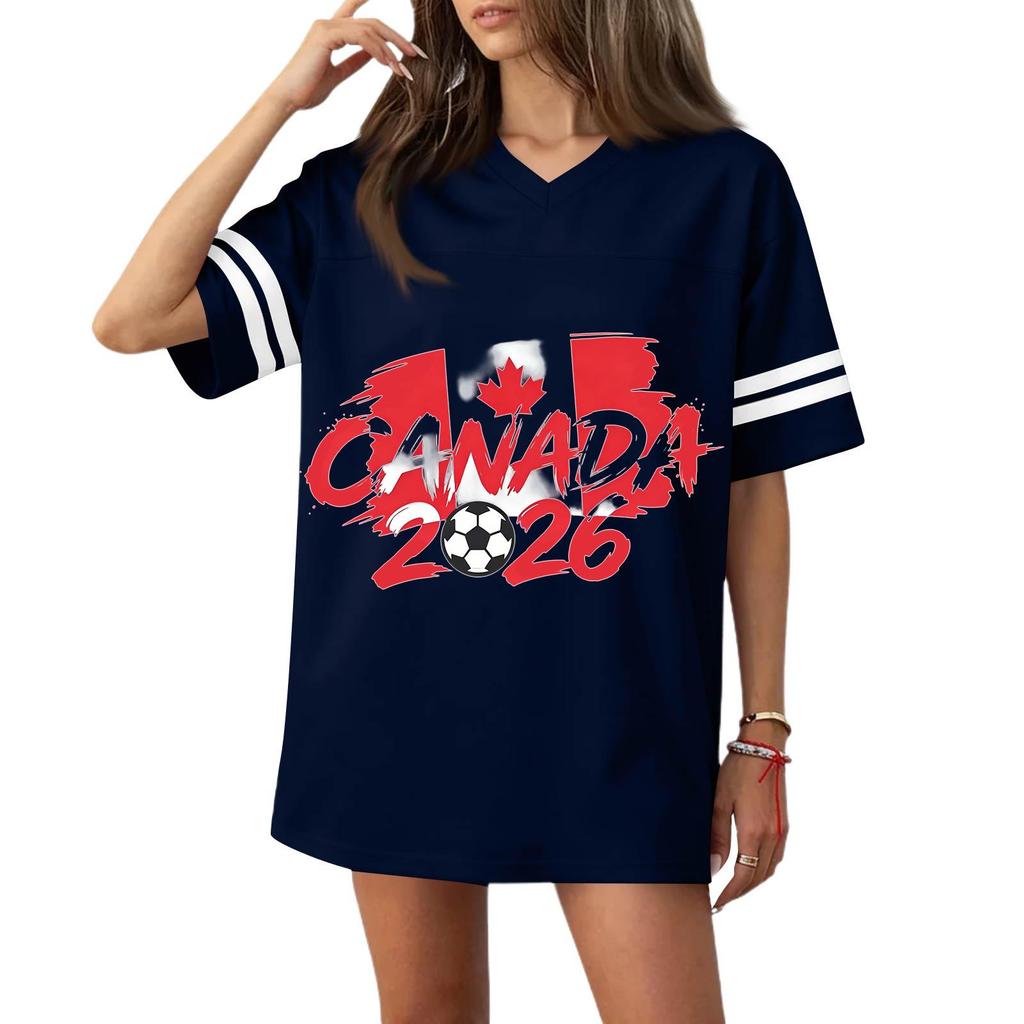 Women's Casual V Neck Short Sleeve Soccer Jersey Top with Flag Print and 2026 Graphic for Sports and