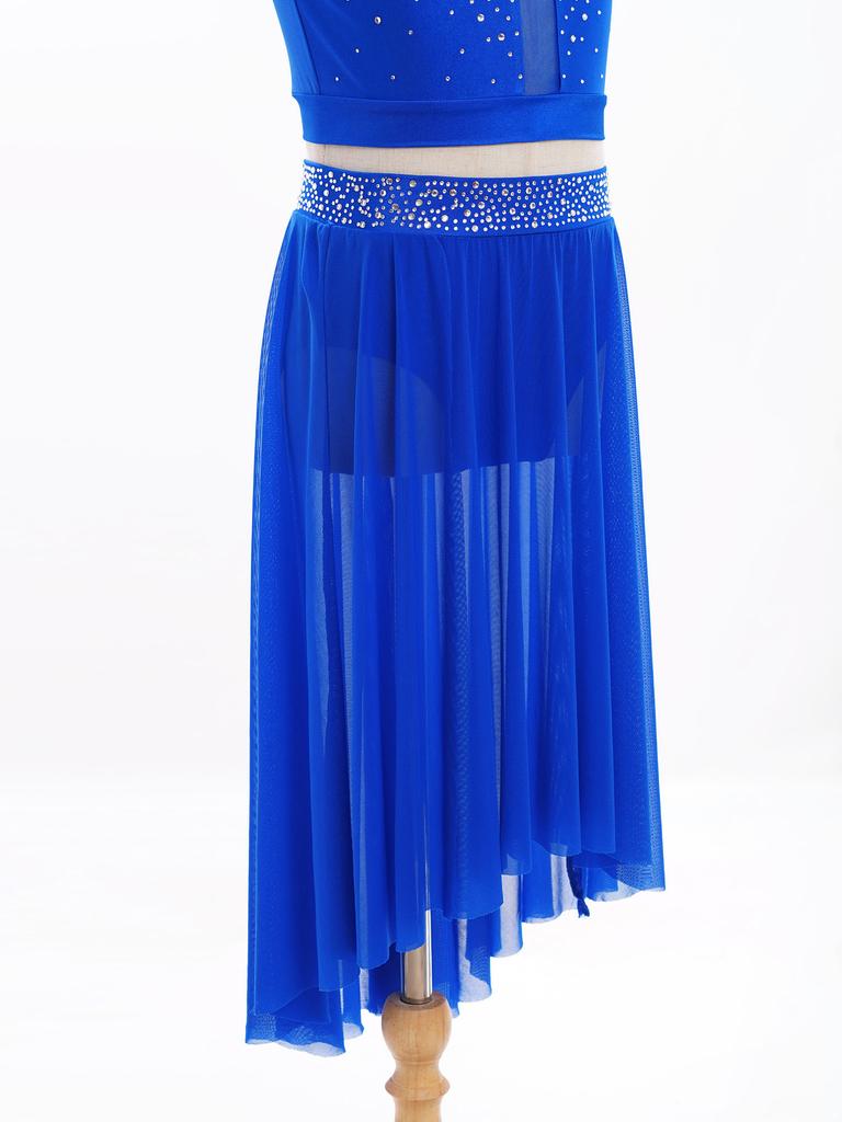 Girls Lyrical Contemporary Modern Dance Skirts Shiny Rhinestones Waistband Side Slit High Low Irregular Mesh Skirt Performance Costume