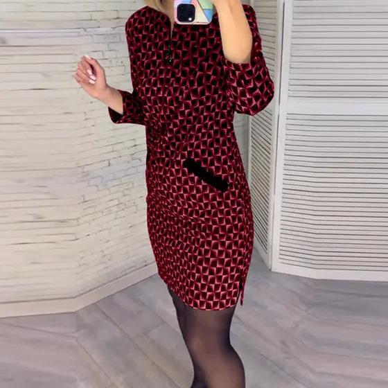 2023 Slimming Printed Round Neck Dress - European & American Style Women's Hip Wrap Skirt
