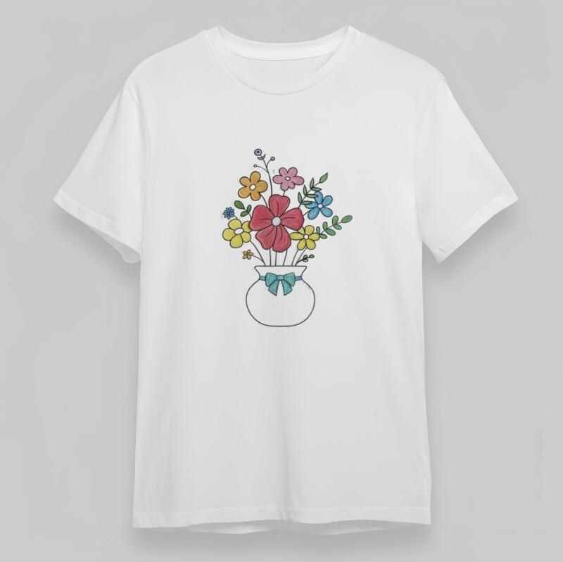 

Женская классическая футболка Оверсайз с ручной росписью Дизайн: Ваза с радужным букетом 4XL