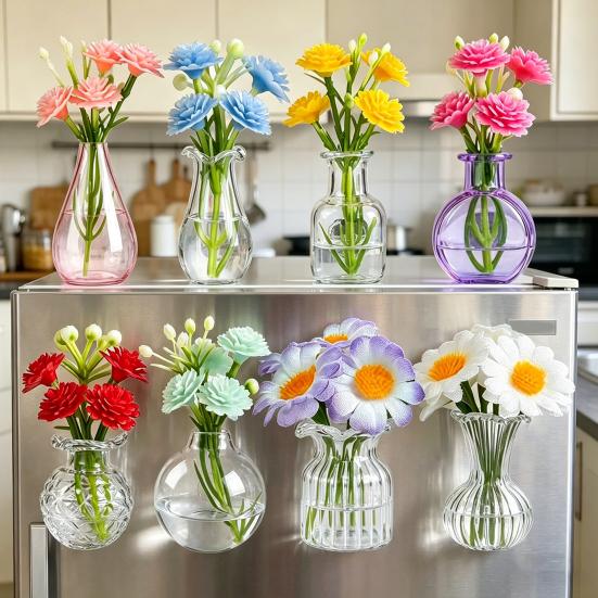 8 Stück Mini-Glasvasen-Kühlschrankmagnete mit künstlichen Blumen, Niedliche kleine Blumen-Kühlschrankmagnete für Kühlschrank, Büro und Küchenschrank