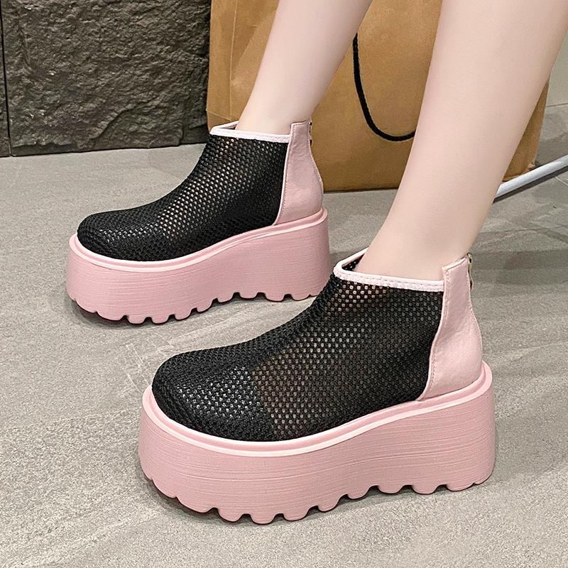 Mote Høye Hæler Kule Støvletter Sommer Ny Rund Tå Mesh Stoff Pustende Bakglidelås Vanntett Plattform Sklisikre Kilehæler