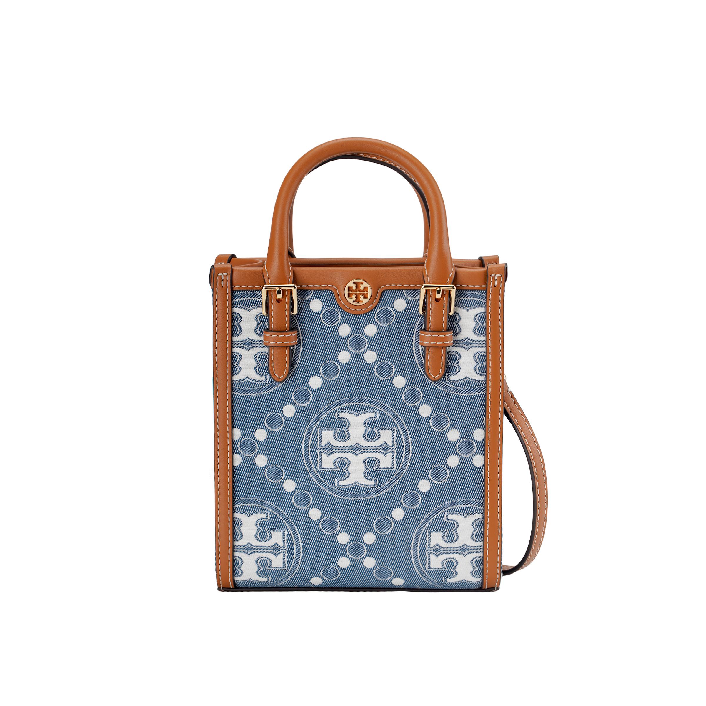

Tory Burch T Monogram Magnetic Closure Front Logo Print Fabric And Leather Tote Bag Women tote bags blue 159639-960 Blue Multicolor