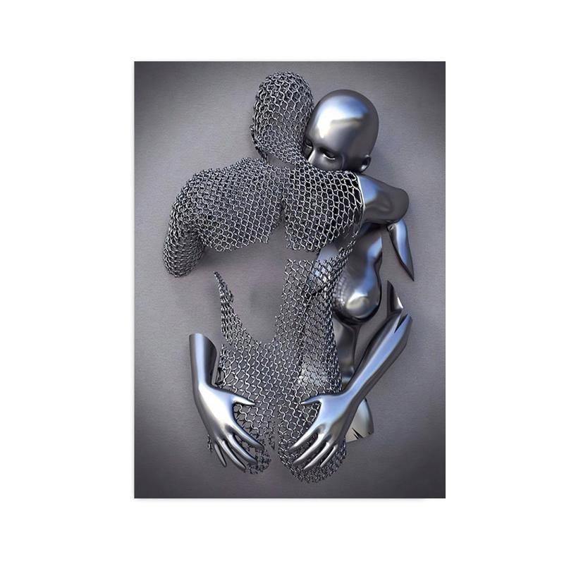 3D Love Heart Grey Metal Figure Statue Posters and Prints Modern Canvas Painting Wall Art Pictures for Living Room Home Decor
