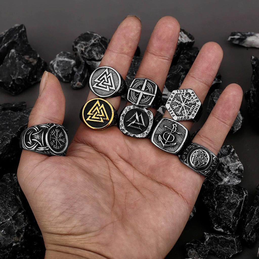 Nordic Viking Stainless Steel Ring Anchor Compass Tree of Life Rune Amulet Wolf Men Women Finger Jewelry Biker Party Club Gift