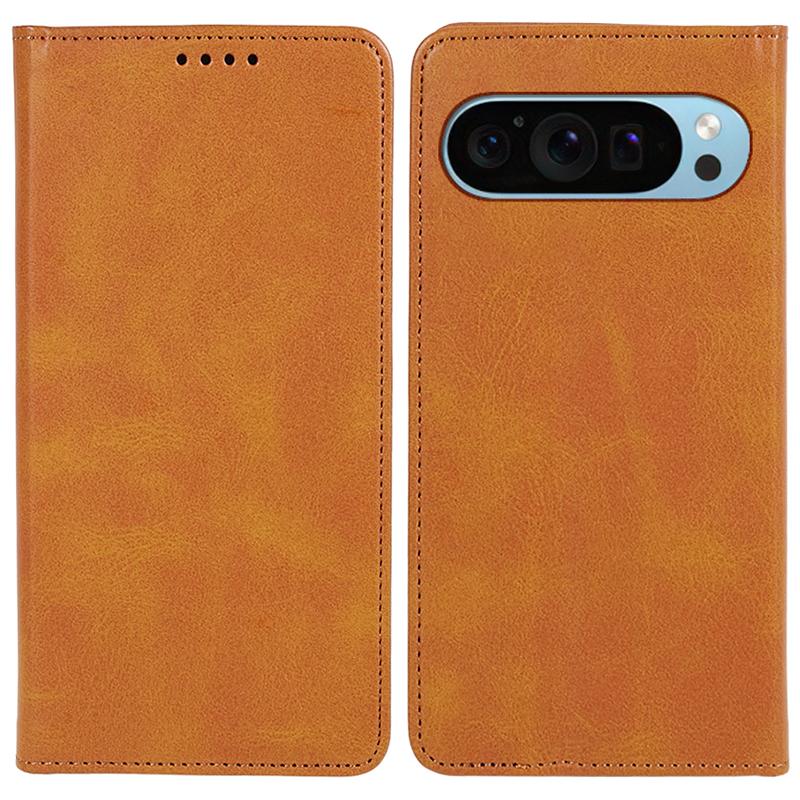 

For Google Pixel 10 Pro XL/9 Pro XL Case Calf Texture PU Leather Magnetic Flip Folio Phone Cover Khaki
