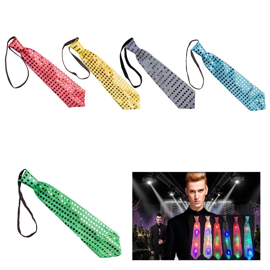 Electric LED Light Up Shinning Sequins Tie Luminous Glitter Paillette Necktie Pre-Tied Neck Wear Party Club Neckwear