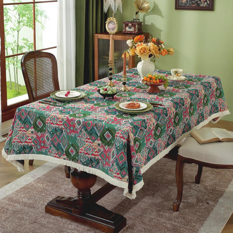 Retro Polyester Cotton Color Woven Jacquard Ethnic Plant Fringed Tablecloth Rectangular Coffee Table Tablecloth Dining Table Cloth