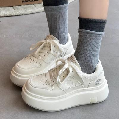 Thick-soled Cowhide Little White Shoes Women's Shoes 2025 New Versatile Sports and Leisure Shoes Heightened Lace-up Lightweight Lace-up Board Shoes