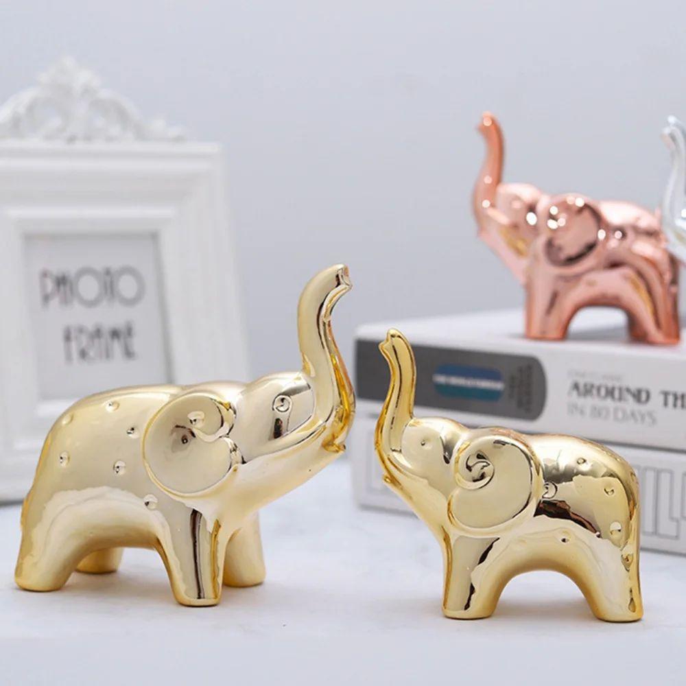 A Pair Elephant Statue Ceramic Animal Sculpture Craft Home Office Desktop Decor Wealth Lucky Statue Christmas Mother's Day Gift