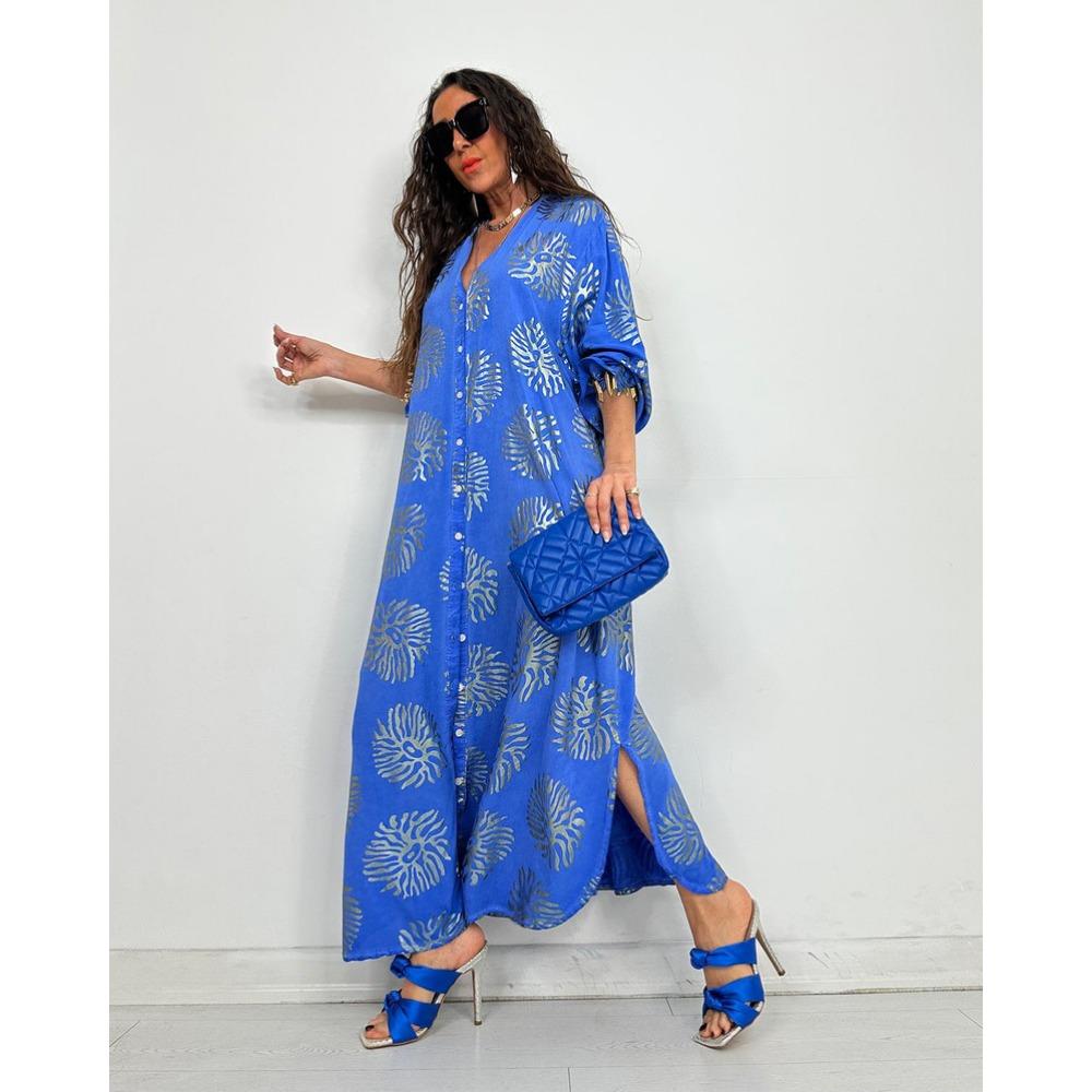 New Women's Lapel Printed and Gold-embossed Loose, Casual Long-sleeved Plum-sized Dress