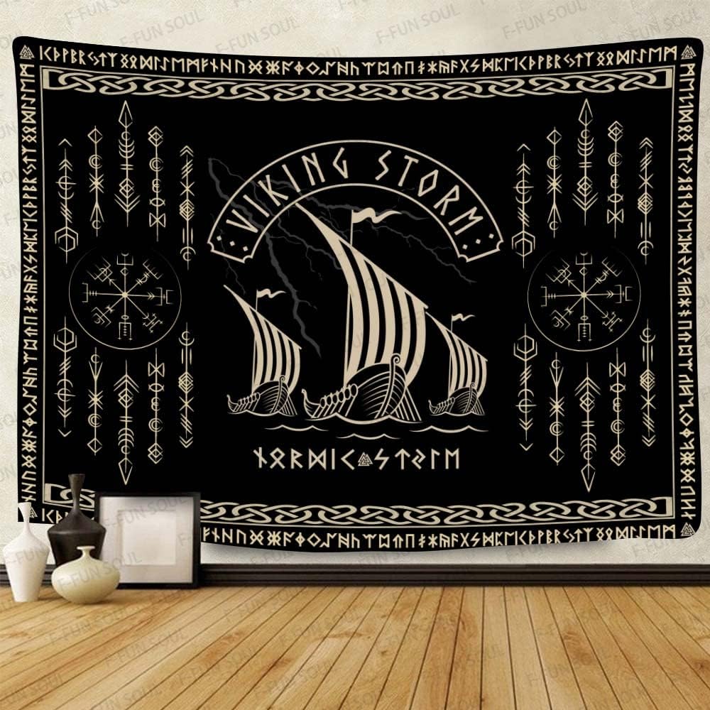 VIKAMA Viking Rune Tapestry Black Background with Gold Double Dragons Norse Mythology Living Room Study Game Room Wall Decor
