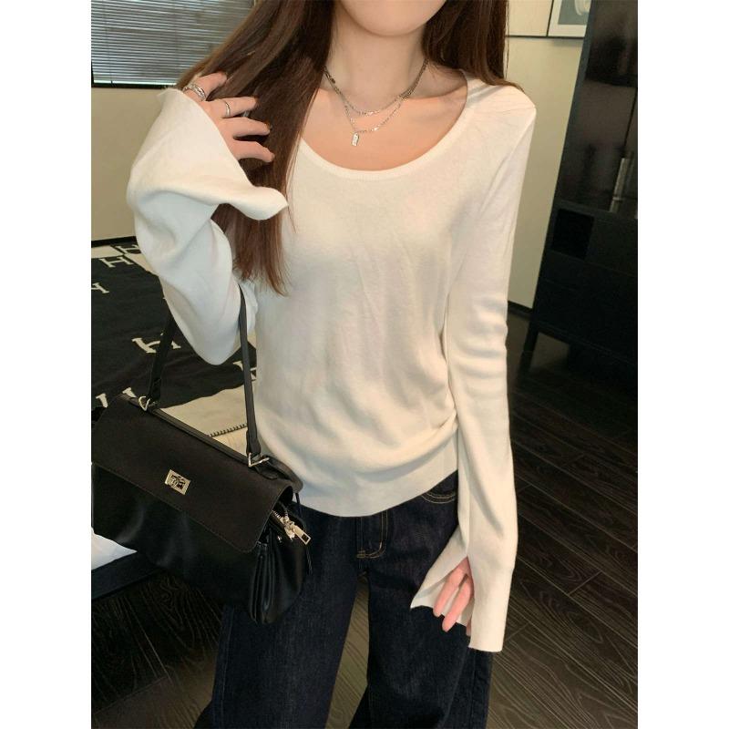 Gentle Wind Neck Flared Sleeve Knitted Sweater Women's Autumn and Winter Slim-fit Sweater Front Shoulder Long Sleeve Bottom Top