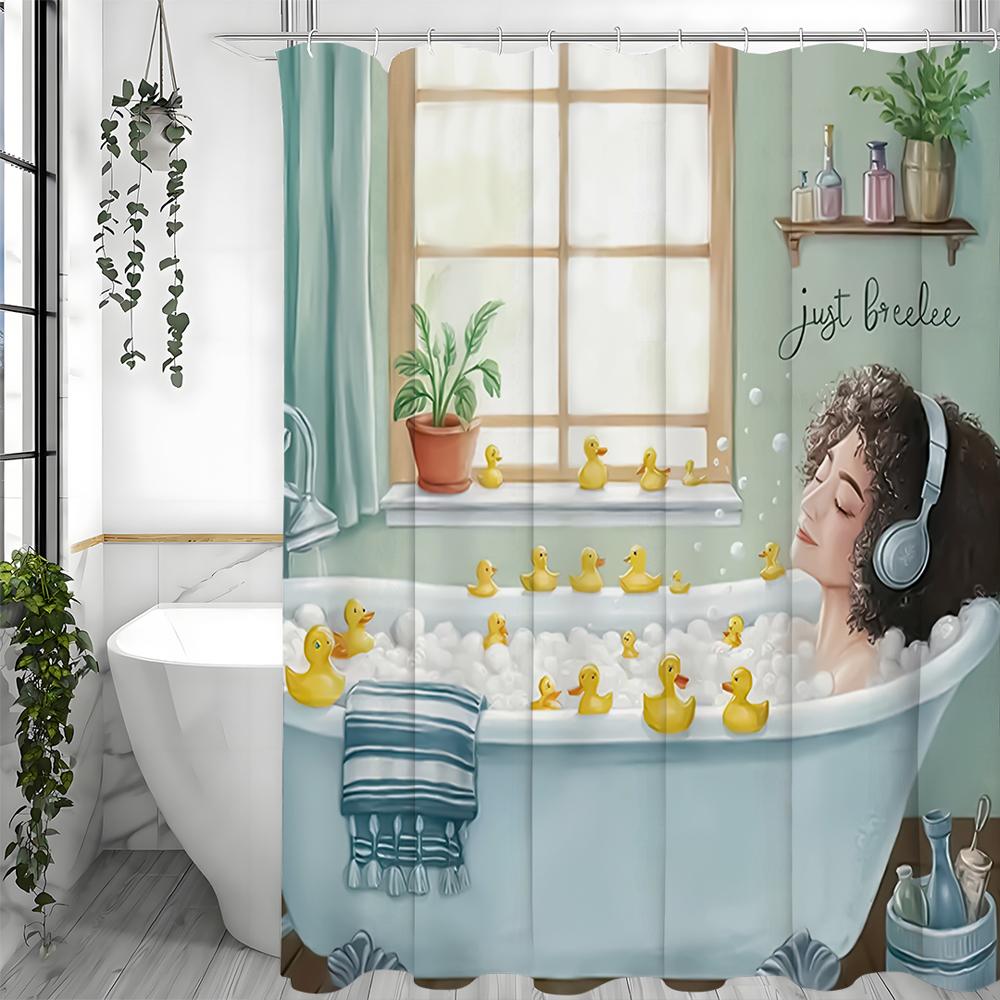 Pleasant Woman Re-Soaking Bath Small Yellow Duck Shower Curtain, Bathroom Decorative Shower Curtain, Waterproof Shower Curtain W
