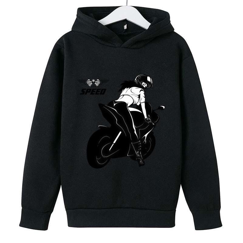 2026 Kids Unisex Hoodie: Black & White Silhouette Female Motorcycle Rider SPEED Racing Theme