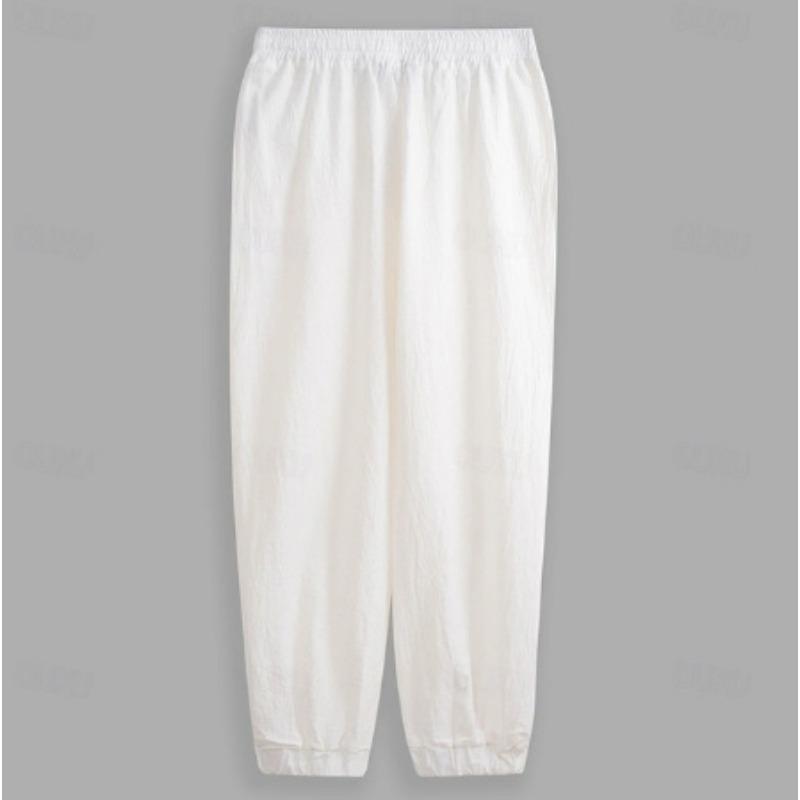 Cotton and Linen Nine Cropped Pants Beach Pants Pocket Drawstring Elastic Waist Solid Color Comfortable and Breathable  Men’s Casual Pants