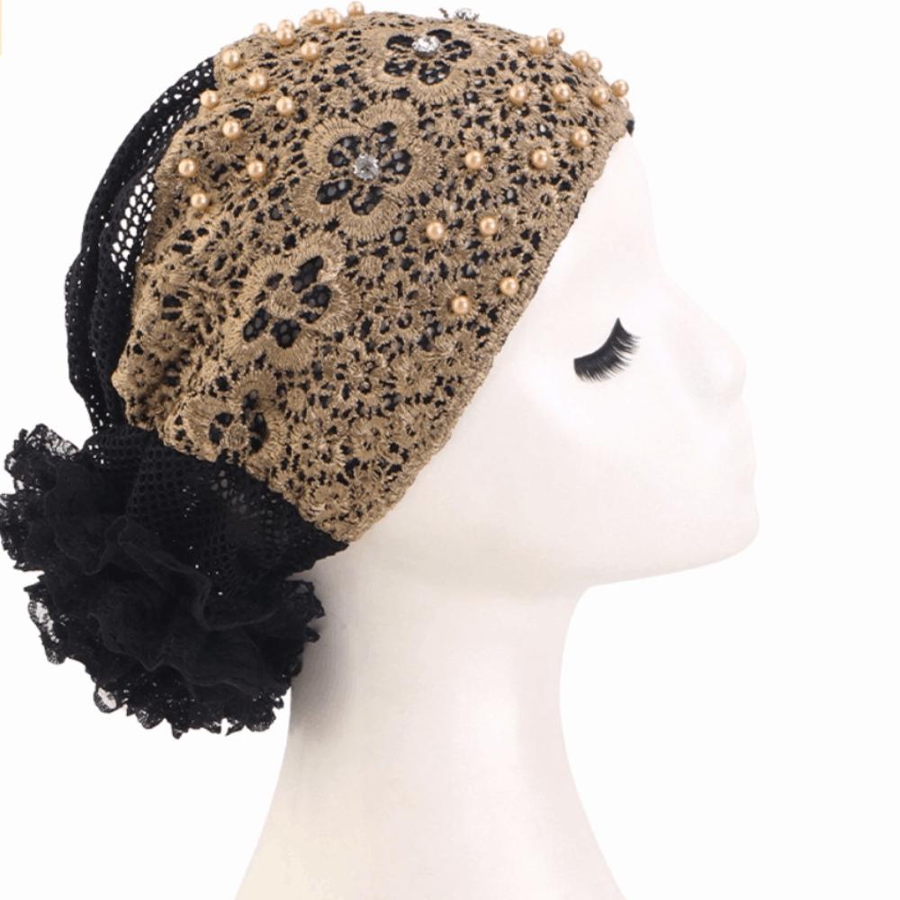 

Casual Lace Embroidered Turban Hat Floral Beaded Ready to Wear Muslim Chemo Cap Vintage Lace Pearl Lace Bonnet Female хаки
