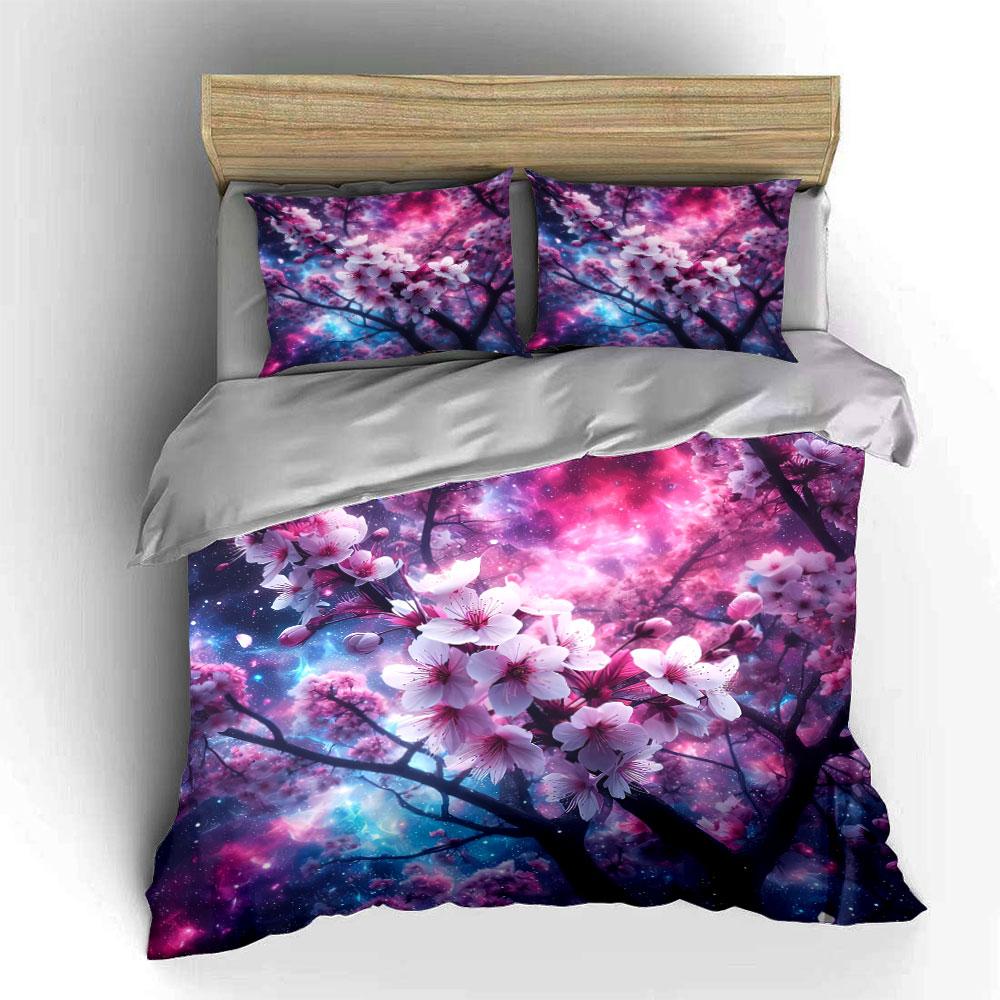 "Cherry Blossom Galaxy Art Set" Bedding Set with 1 Duvet Cover 2 Pillowcases Single Double King Queen, Gift