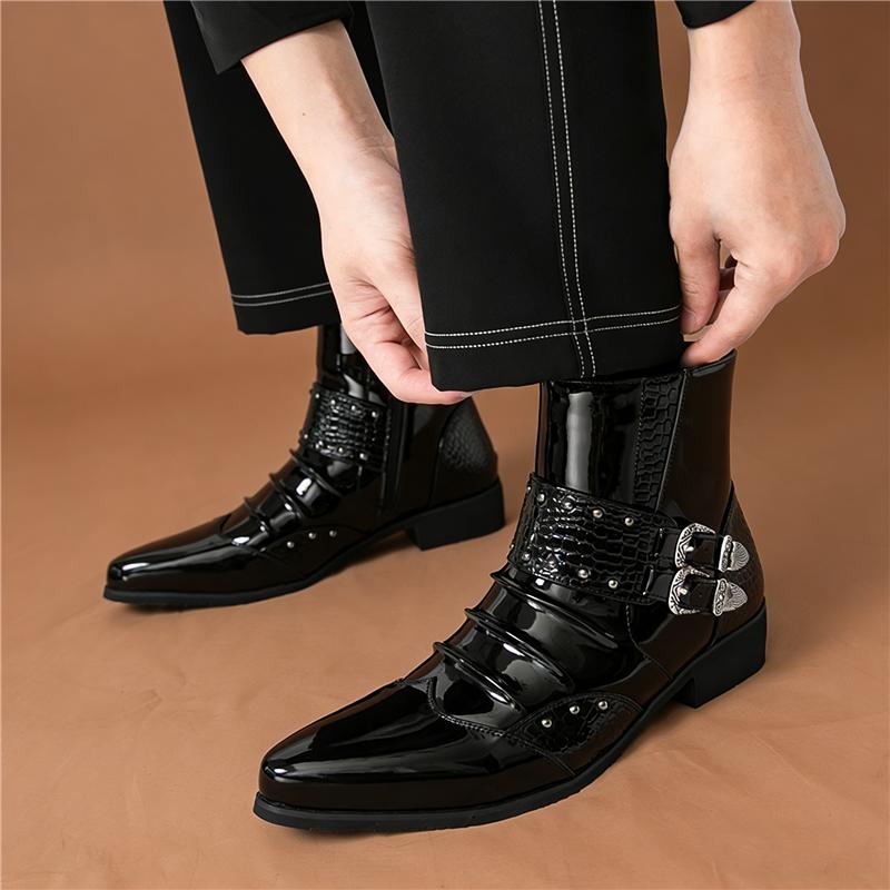 Winter Luxury New Men's Pointed Toe Punk Rock Belt Buckle Leather Casual Chelsea Ankle Boot High Top Monk Strap Hip-hop Shoes