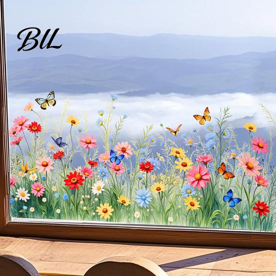Bathroom Window Decal Spring Summer Flower Butterfly Cling Colorful Floral Sticker Scratch-resistant Removable Double-Sided Static Decals for