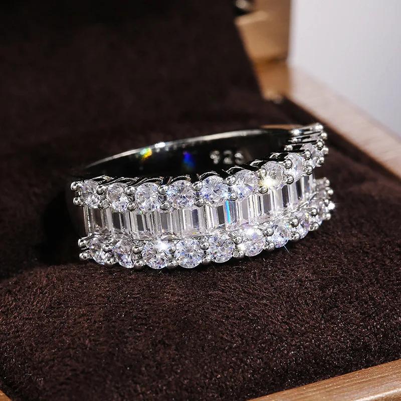 Modische Damenringe Sterling Silber Quadrat Zirkonia Zweireihig Eingelegt Zirkonia Ringe für Frauen Anillos Mujer