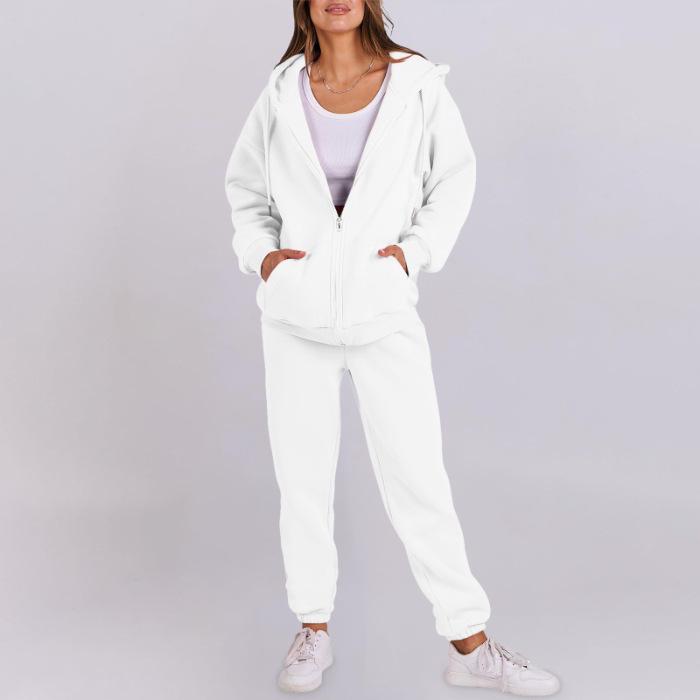 Korean Style Women's Hooded Fleece Sweatshirt - Autumn/Winter Casual Loose Top Coat Hoodie Set
