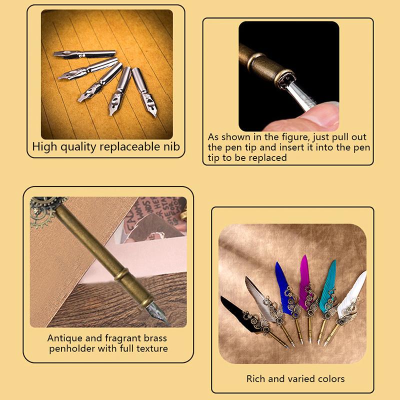 1Set Vintage Calligraphy Pen Antique Feather Dip Pen Ink Writting Pen Stationery