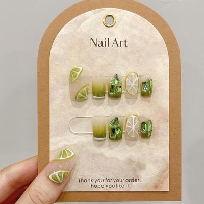 100% HANDMADE Medium Coffin Shape Fake Nail Set with Glue Green Gradient Sprite 3D Lemon Rhinestone Press On Nails Fake Nails Reusable