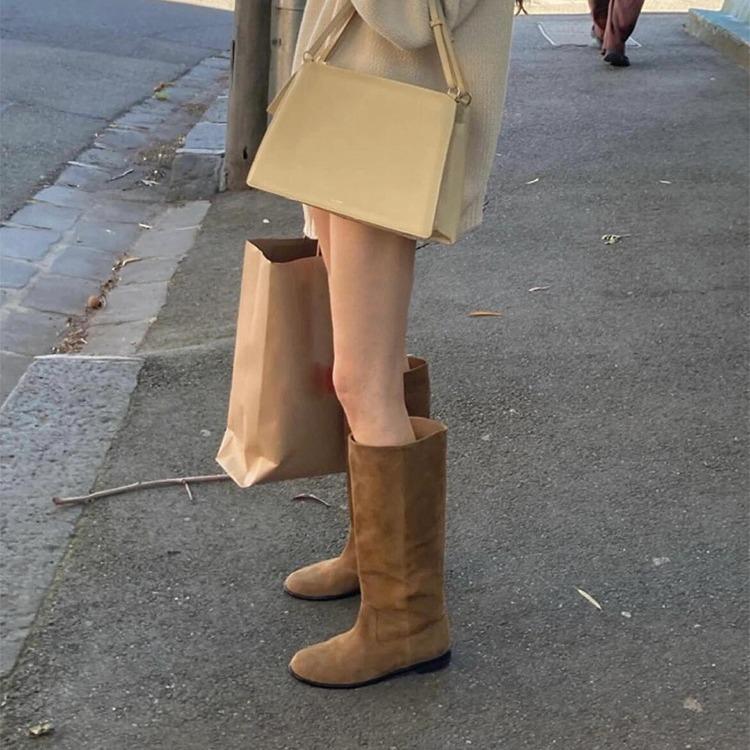 Fårskinnsversion~ Koreansk version av stor skaftvidd mocka höga stövlar dam platt sula ser smal ut men knähöga stövlar riddarstövlar