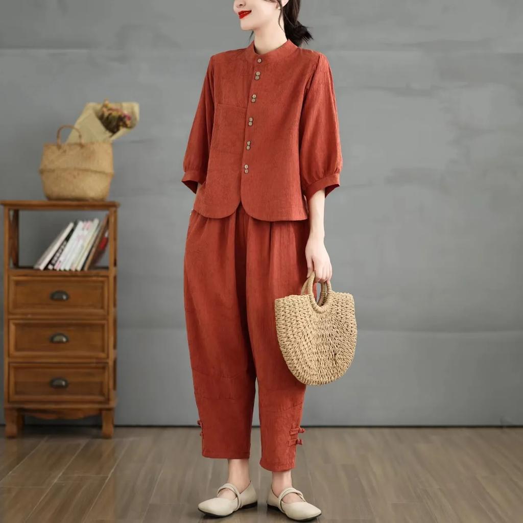 Costum din in stil chinezesc Cămașă de vară la moda pentru femei + pantaloni harem Costum din două piese