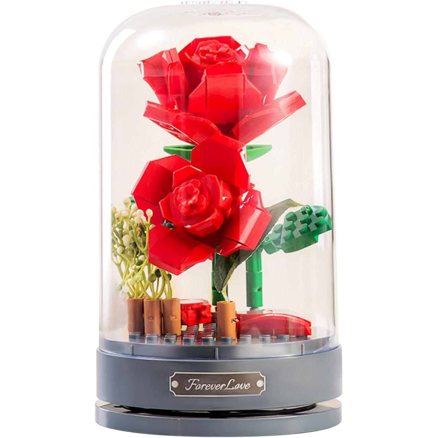 Building Blocks Flowers Bouquet Set with Music Box and Dust-Proof Dome,Simulation Particle Flower Collection Construction Building Bricks Toy 01