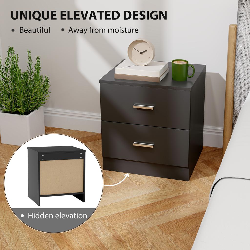 Modern Bedside Table Beside Cabinet With 2 Drawers For Bedroom Living Room Black