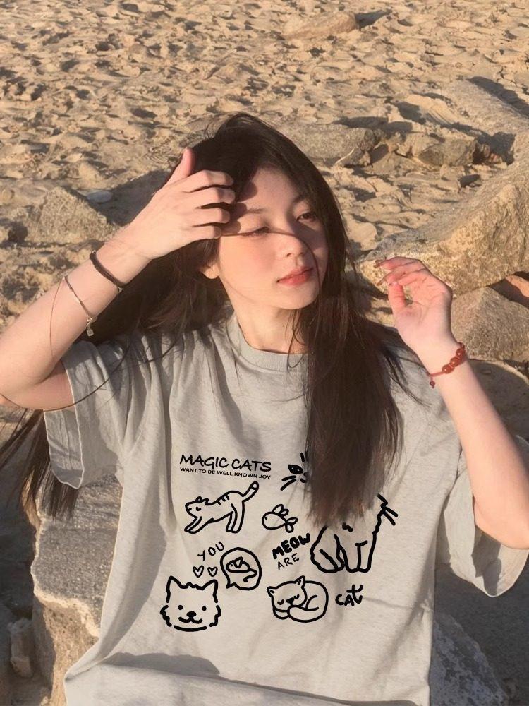 Korean Style Plus Size Cartoon Print Short Sleeve Women's Summer Loose Fit T-shirt