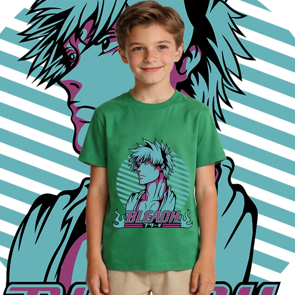 Boys Girls Cotton T Shirt Bleach Ichigo Anime Print Casual Summer Short Sleeve Top Kids Clothing Children