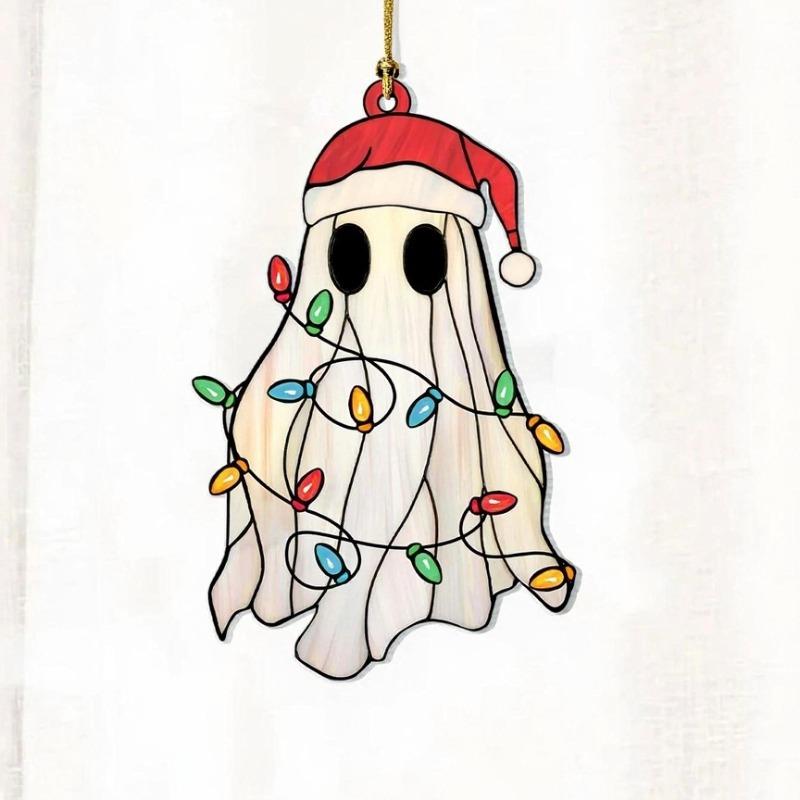 1pc Christmas Ghost Hanging Decortion Acrylic Suncatcher Cute Ghost with Santa Hat Windows Ornaments Wall, Four Seasons Decoration 9*14.5cm