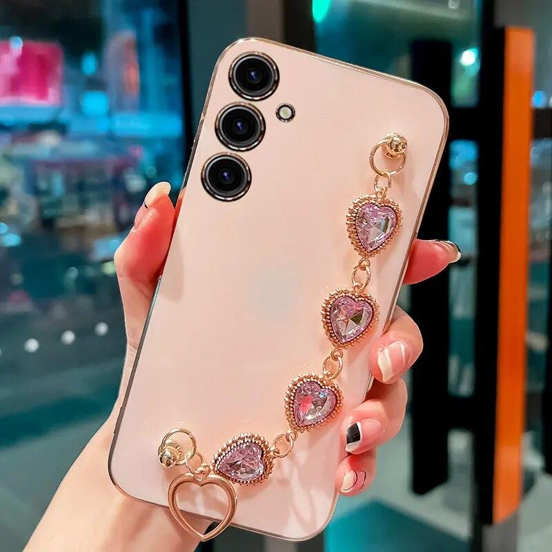 

Модный силиконовый чехол с бриллиантовым браслетом и цепочкой для Samsung Galaxy S24Ultra A54 A15 A05S M52 M23 A04S S23fe противоударный защитный чехол A 05 Galaxy s21 ultra розовый