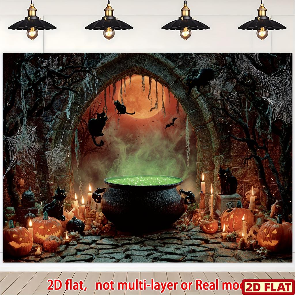 1 piece 2D flat witch pot background banner | With glowing green potion with bats Halloween self-luminous designzyc