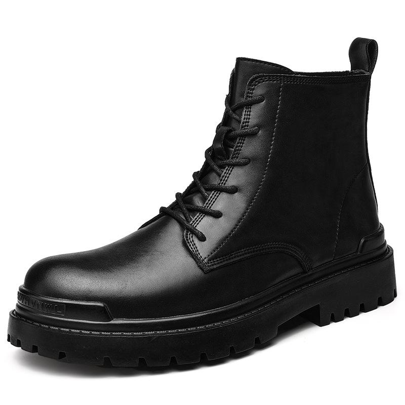 Genuine Leather Men's High-Top Leather Boots Breathable Worker Boot Calf Leather Shoes Black Motorcycle Autumn Men's Shoes Mid-Top Boots