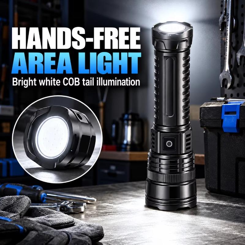 Rechargeable Heavy Duty LED Flashlight, Adjustable Focus, Digital Power Display + COB Tail Light, Spot/Flood Beam for Emergency & Outdoor