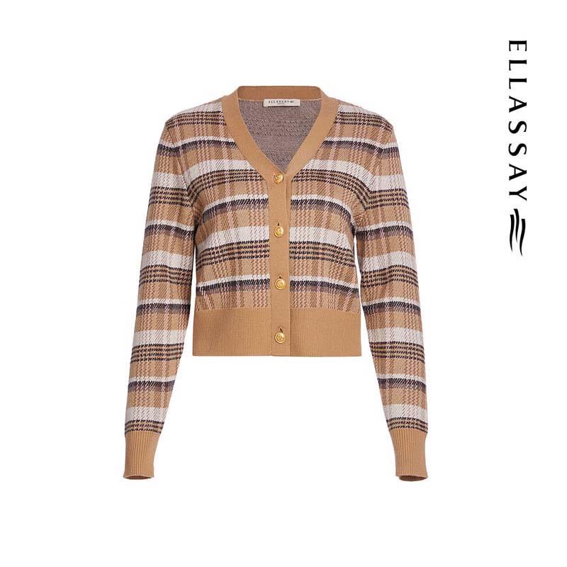 ELLASSAY Women's College Plaid V-Neck Knit Cardigan