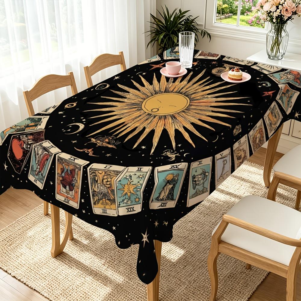 1pc Zodiac Theme Tablecloth - Durable Polyester, Mysterious Constellation Symbols (Sun, Moon, Stars) - Elegant Black Background - Suitable for Mystica