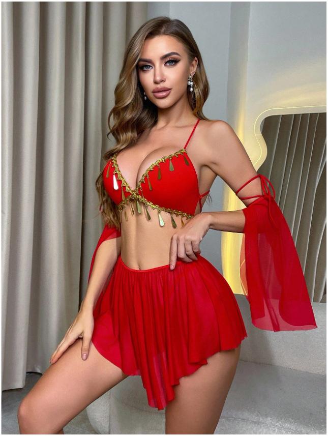 

Exotic Hanfu Lingerie Set Sexy Dunhuang Flying Fairy Dancer Sheer Top & Skirt Gold Foil Embroidery Bandage Cosplay Costume Women L