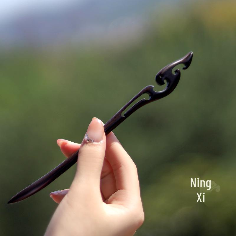 High-End Natural Ebony Wood Hairpin - Extended Chinese Ancient Style Black Hair Bun Accessory